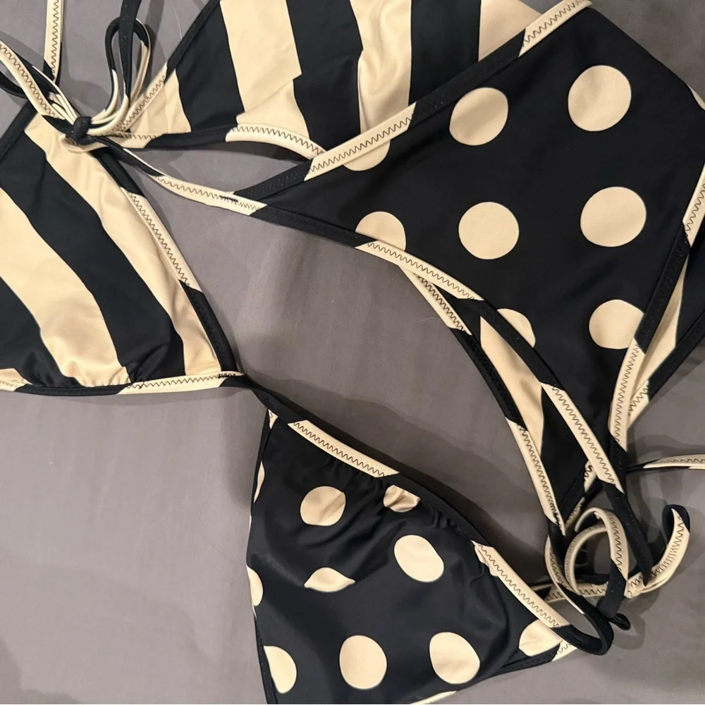 NEW J Crew Black and Cream Striped and Polka Dot Reversible Bikini - Picture 2 of 4